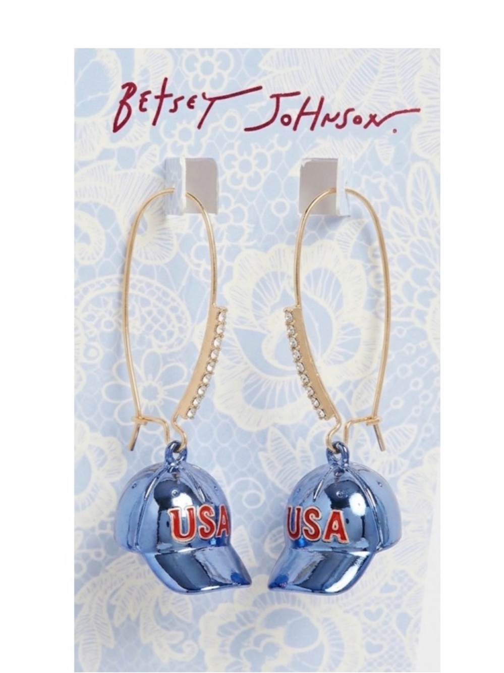 NWT ⚜️🇺🇸⚜️ BETSEY JOHNSON AMERICANA BASEBALL CAP SHEPHERD HOOK EARRINGS BLUE